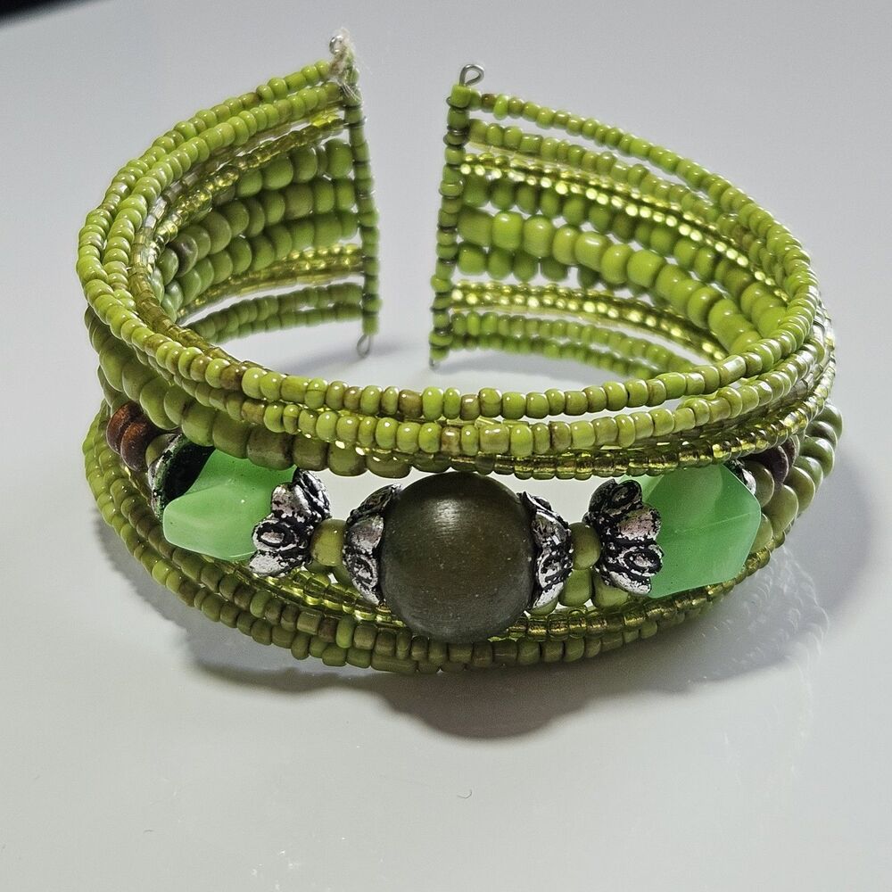 Wide Seed Bead Memory Wire Cuff Lime Green Wood Silver Tone Bracelet